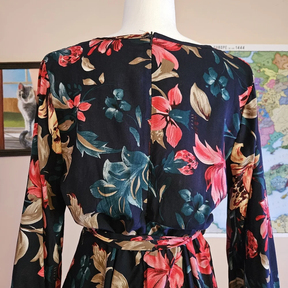 Green And Pink Floral Print Surplice Front Belted Dress